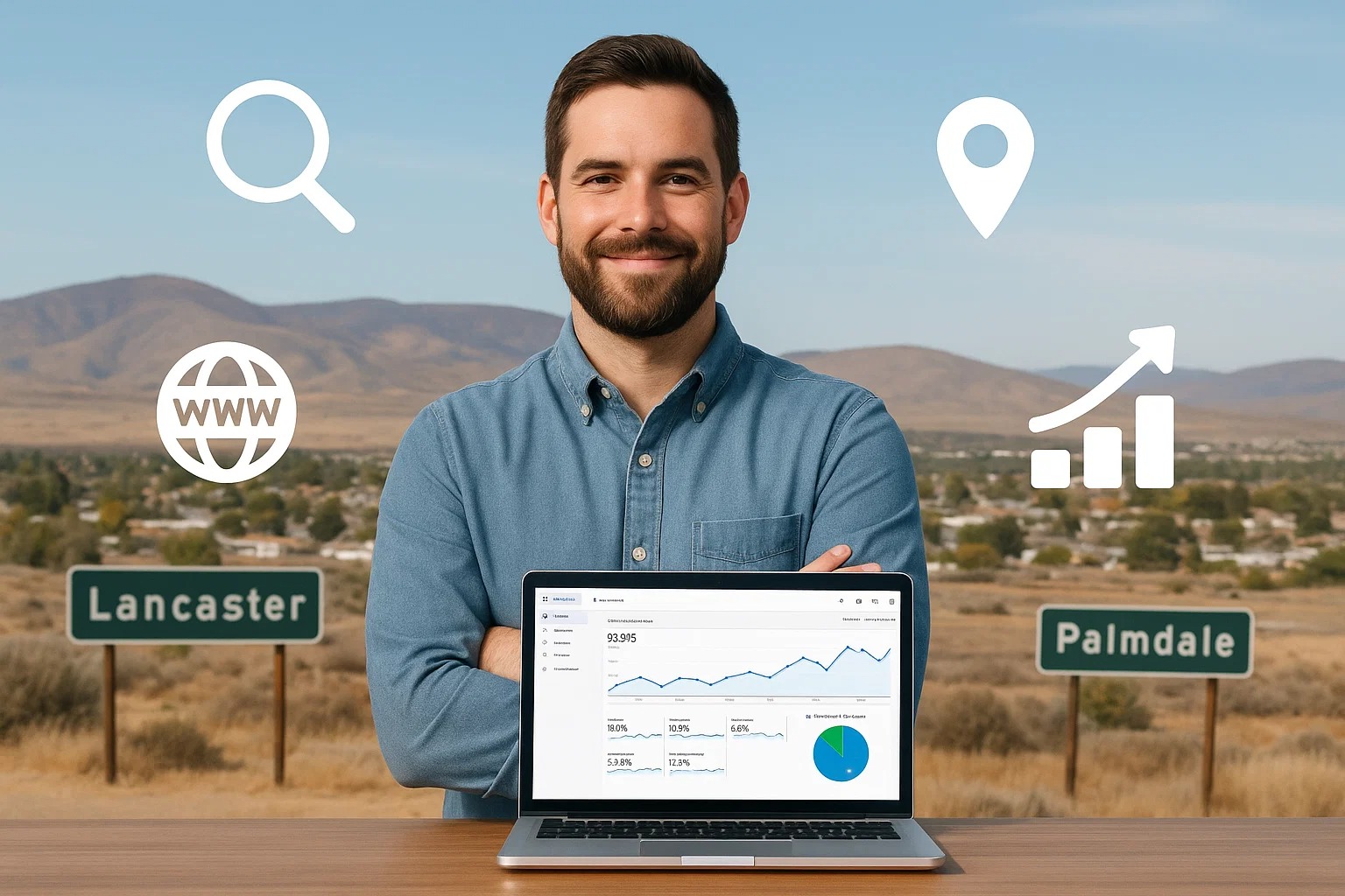 A modern local business owner standing confidently in front of a laptop