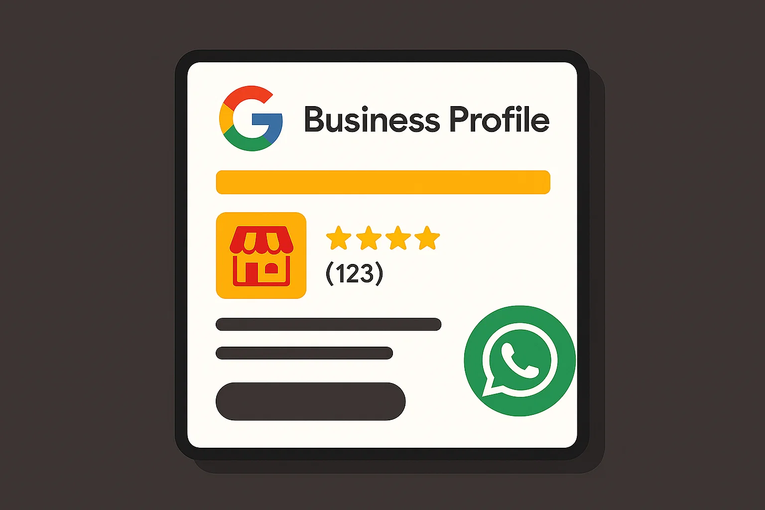 A clean modern digital illustration showing a business profile on Google with a prominent WhatsApp chat button, symbolizing easy customer connection.