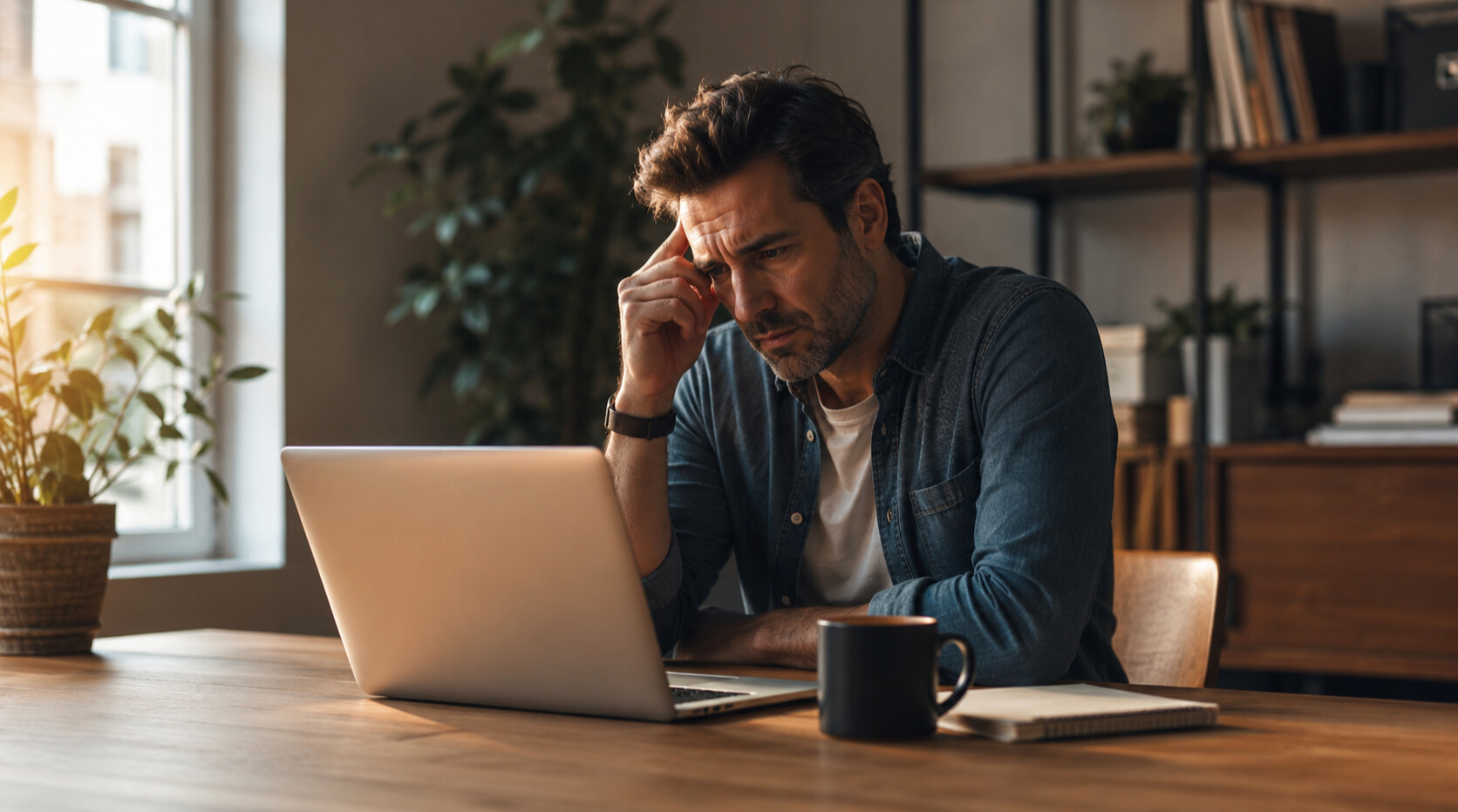 Small business owner sitting at a desk in a warm office, looking concerned while reviewing a laptop, with a coffee cup and notebook nearby.